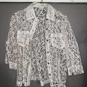 White Cheetah Lace Button Up Blouse